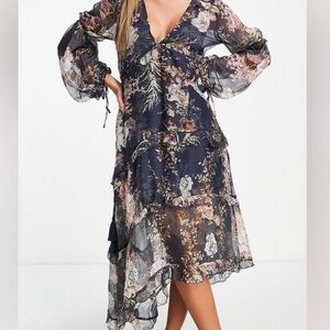 ASOS sheer Floral Midi Dress in Navy - size 6